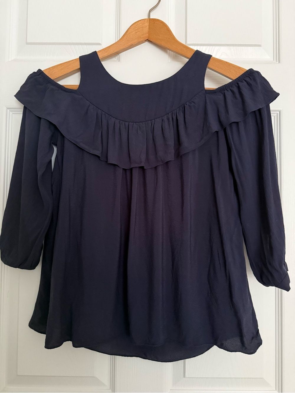 Anthropologie Maeve Navy Cold Shoulder Ruffle Blouse Size Small Boho Romantic